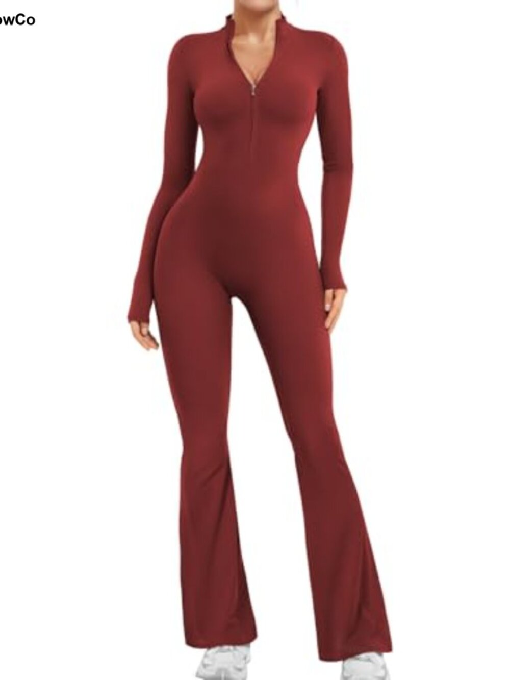 Women Long Sleeve Zip Up Flare Workout Jumpsuit Wide Leg Bodysuit Nylon Spandex